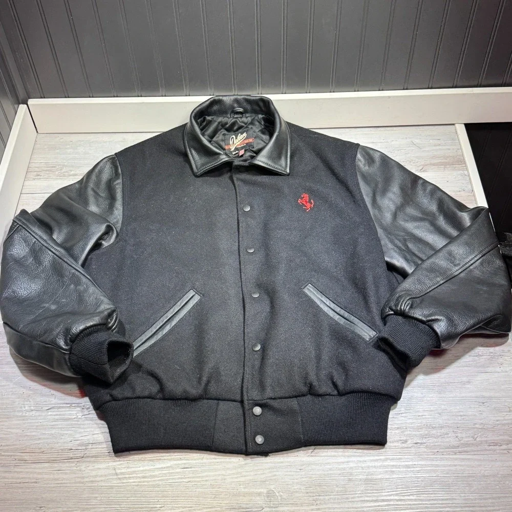 Dehen 1920 Varsity Jacket Black Red Pony Size Large Leather Sleeves Wool - Picture 2 of 9